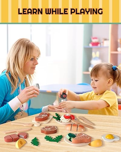Miniatura 6 de RRIBOUDWAN Juguetes de madera para niños, juego de cocina incluye cuatro tipos de carne, pasta, ensalada de verduras y vino, juguetes para el