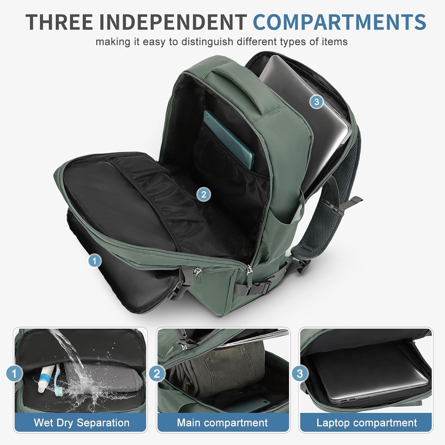Travel Backpack for Men Women, 35L Laptop Backpack W/Shoe Compartment, Water Resistant Flight Approved Fits 15.6-inch Laptop, Grey-green