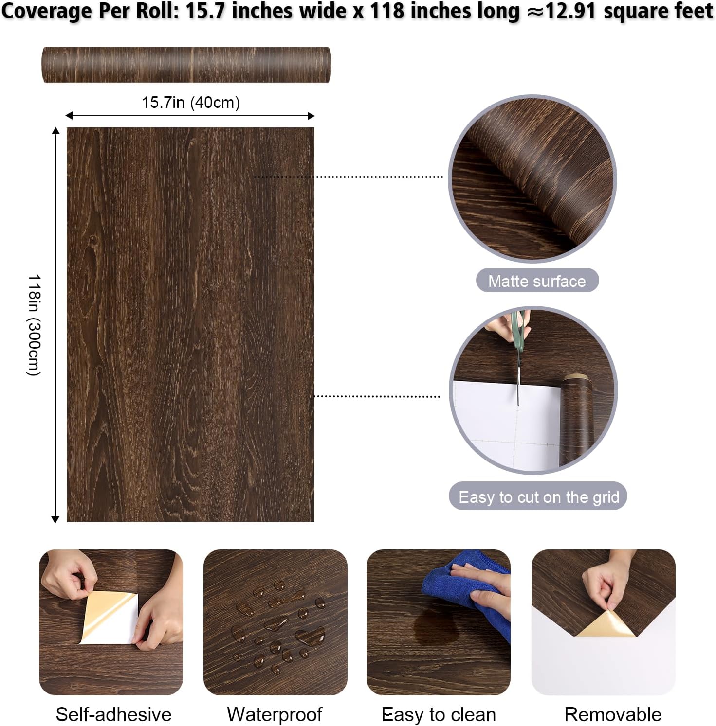 Thick Brown Wood Grain Contact Paper Peel and Stick Oak Wood Wallpaper Self Adhesive Wooden Look Vinyl Wrap 15.7"x118" Removable Waterproof Contact Paper for Kitchen Countertops Cabinets