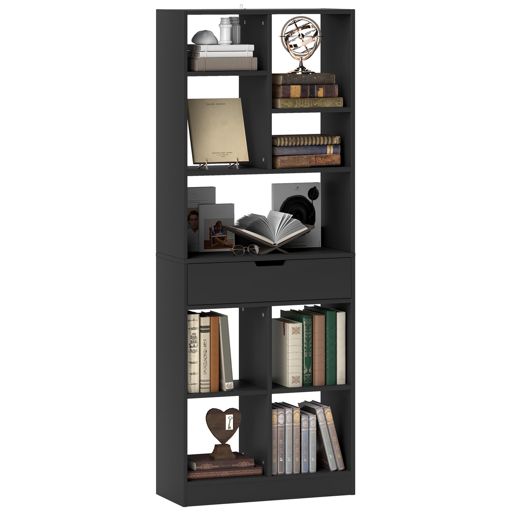 HOMCOM Scaffale Libreria con Cassetto Centrale in Legno 60x26x158 cm Nero | Ripiani Aperti, Libreria Salvaspazio Autoportante, Scaffale Divisorio per Soggiorno, Camera da Letto, Ufficio