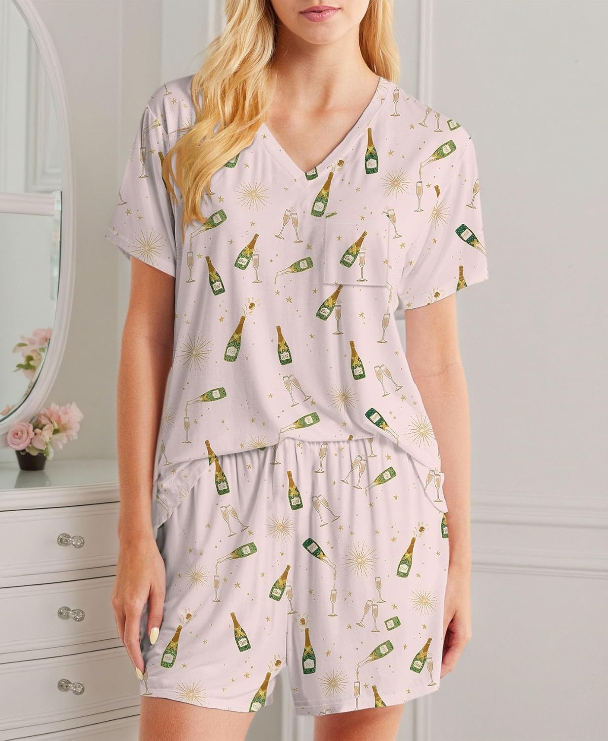 Womens Pajama Sets Cute Pajamas for Women Set Graphic Printed V Neck Summer Sleepwear Pjs Lounge Set - Image 3