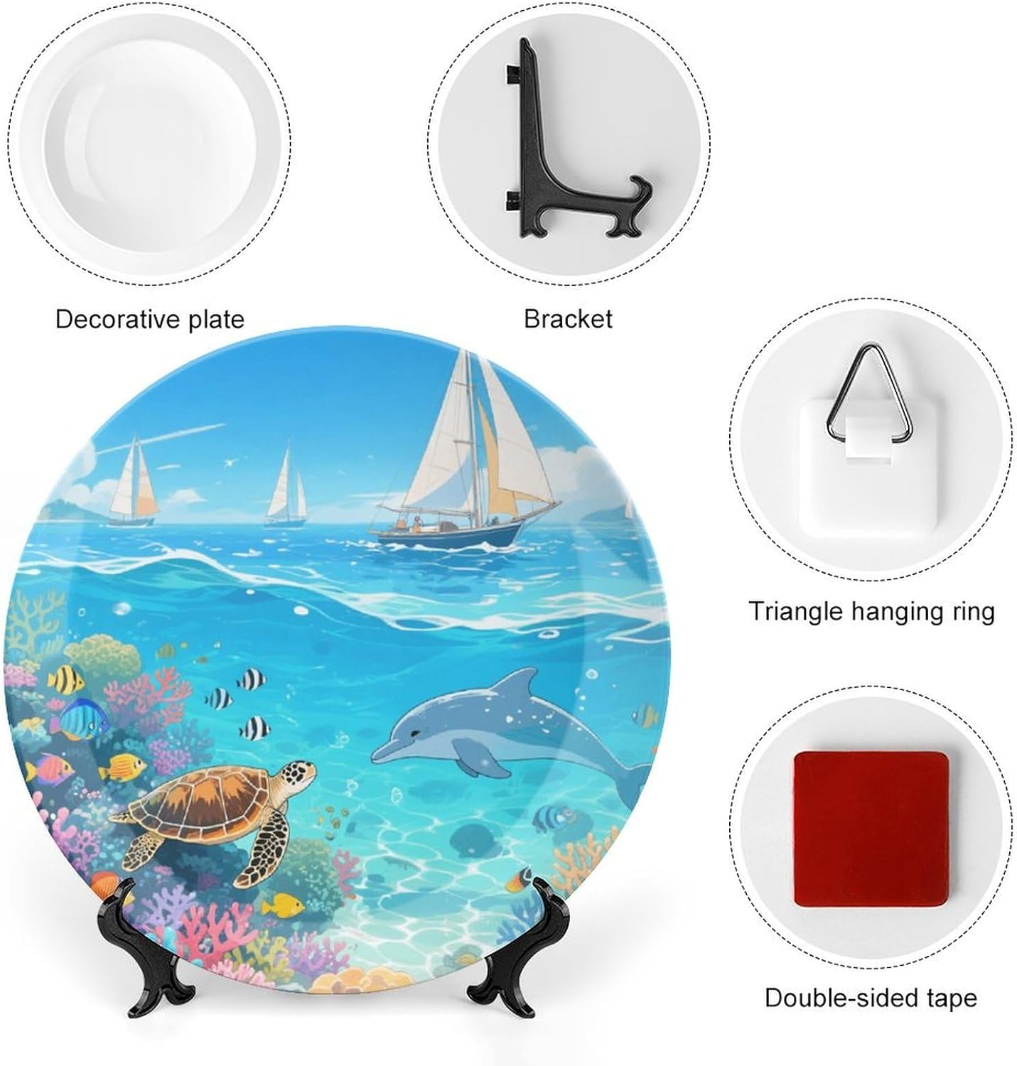Bone China Decorative Plates Coral Reef Sea Ceramic Decorative Plate Wall Decor with Display Stand Ceramic Ornaments for Wall Hanging Decoration