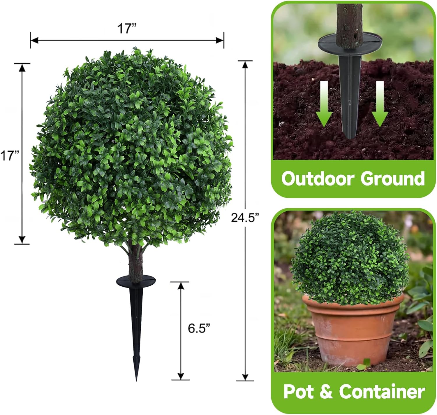 Dense Leafy Artificial Boxwood Topiary Ball Trees 24 Inch, Set of 2 Fake Plants Outdoor with Ground Spike, UV Resistant Faux Boxwood Bushes for Garden Patio Front Porch Decor