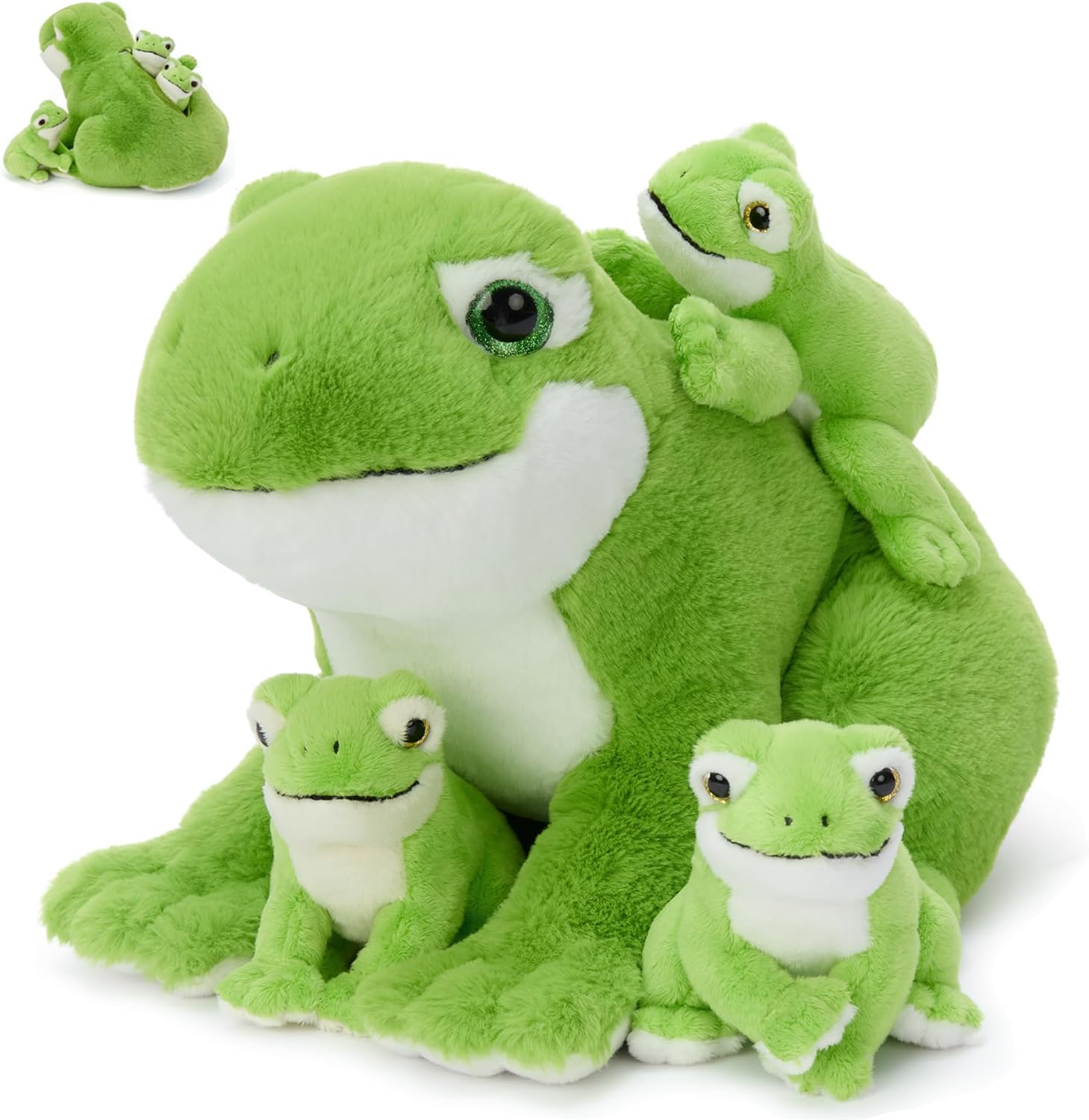 MorisMos 15.7 Inch Green Frog Stuffed Animal with 3 Babies, Soft Stuffed Frog Plush Family Set, Cute Frog Toy for Imaginative Play & Bedtime Snuggles, Birthday for Kids Boys Girls