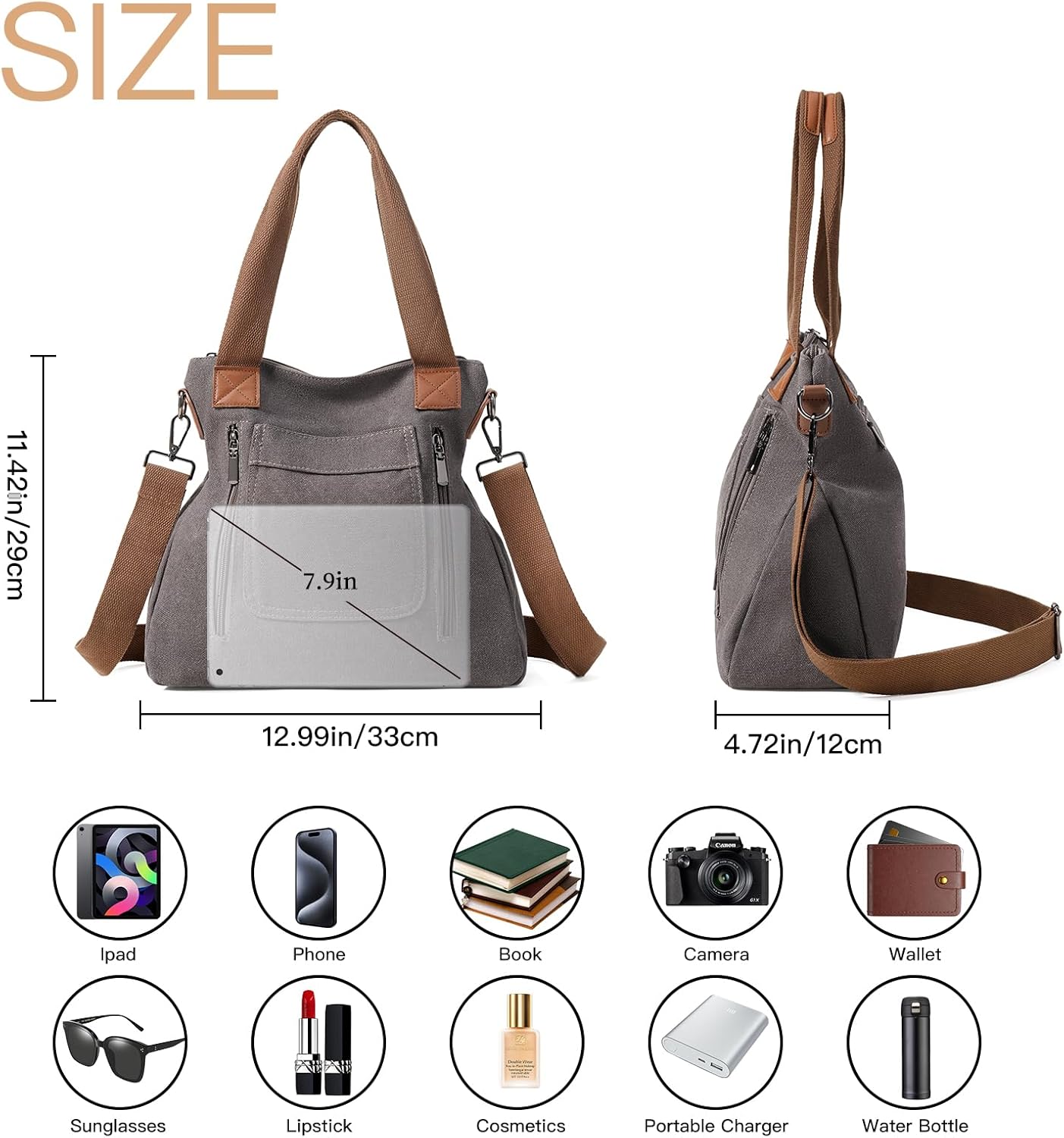 Small Tote Bags for Women Canvas Tote Bag with Zipper Satchel Crossbody Bag Work Travel Shoulder Handbags with Pockets - Image 4