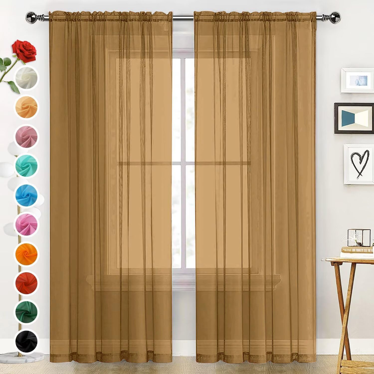 SpaceDresser Basic Rod Pocket Sheer Voile Window Curtain Panels Light Brown 1 Pair 2 Panels 52 Width 63 Inch Long for Kitchen Bedroom Children Living Room Yard（Light Brown, 52W x 63L） — image 1