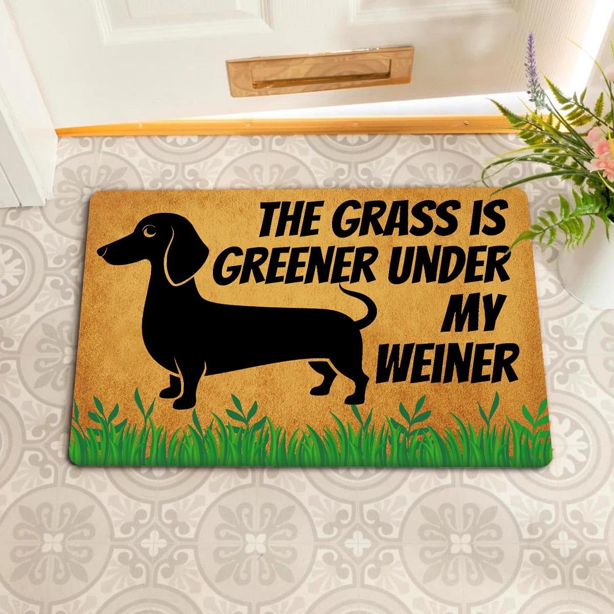 Funny Welcome Doormats 15.9"(W) X 23.7"(L) Front Porch Doormat Personalized Prank Gift Mats for The Entrance Way Outside (The Grass is Greener Under My Weiner Dachshund Dog Lover)