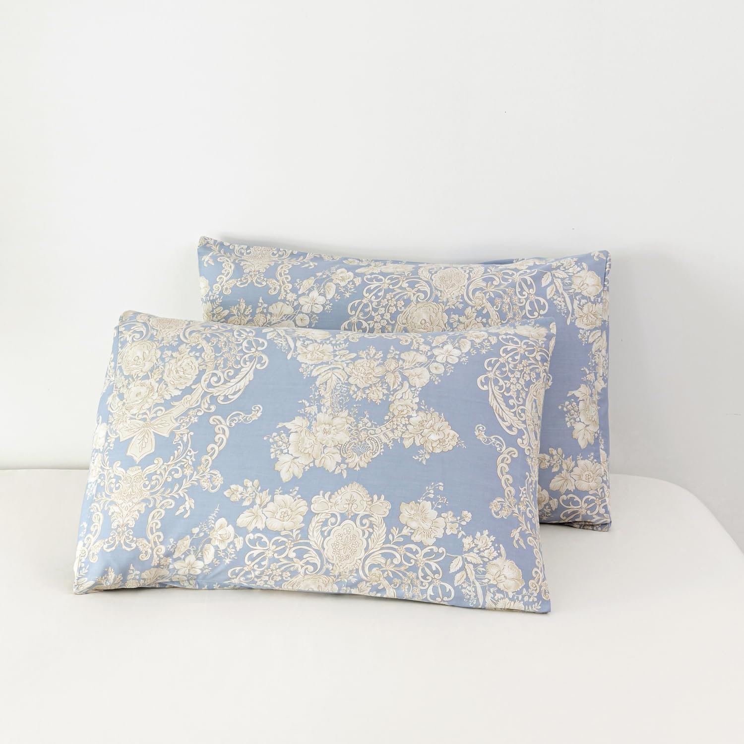 SUSYBAO 100% Cotton Pillowcases Set of 2 King Size Damask Floral Pillow Cases Envelope Closure End Boho Paisley Patterned Pillow Covers Blue Flower Pillow Protectors Soft (2 Pack, 20 in x 36 in)