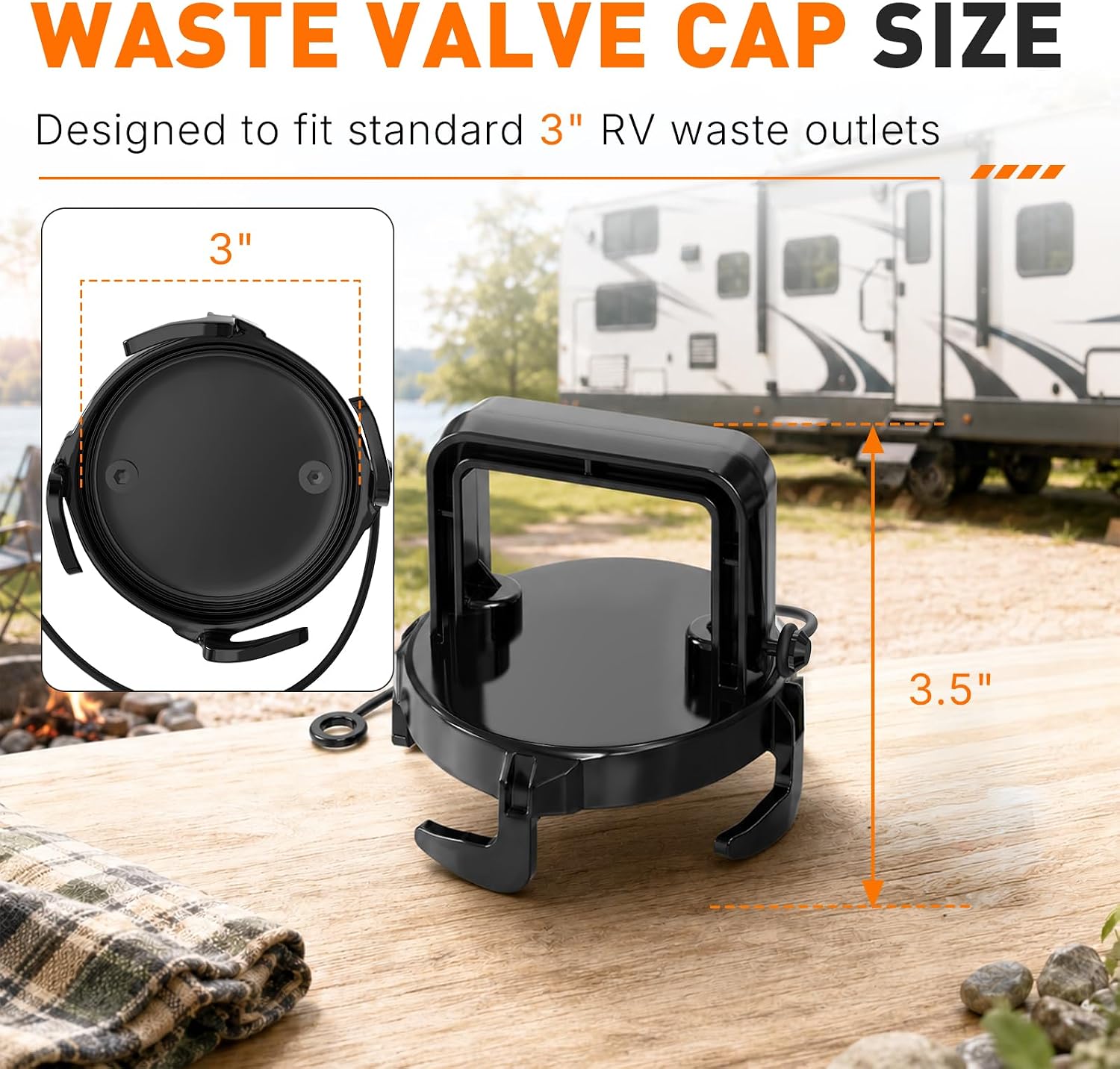 2 Pcs Waste Valve Cap - 3" Bayonet RV Sewer Cap, Leak-Proof Termination Cover with Silicone Gasket and Tether for Campers, Travel