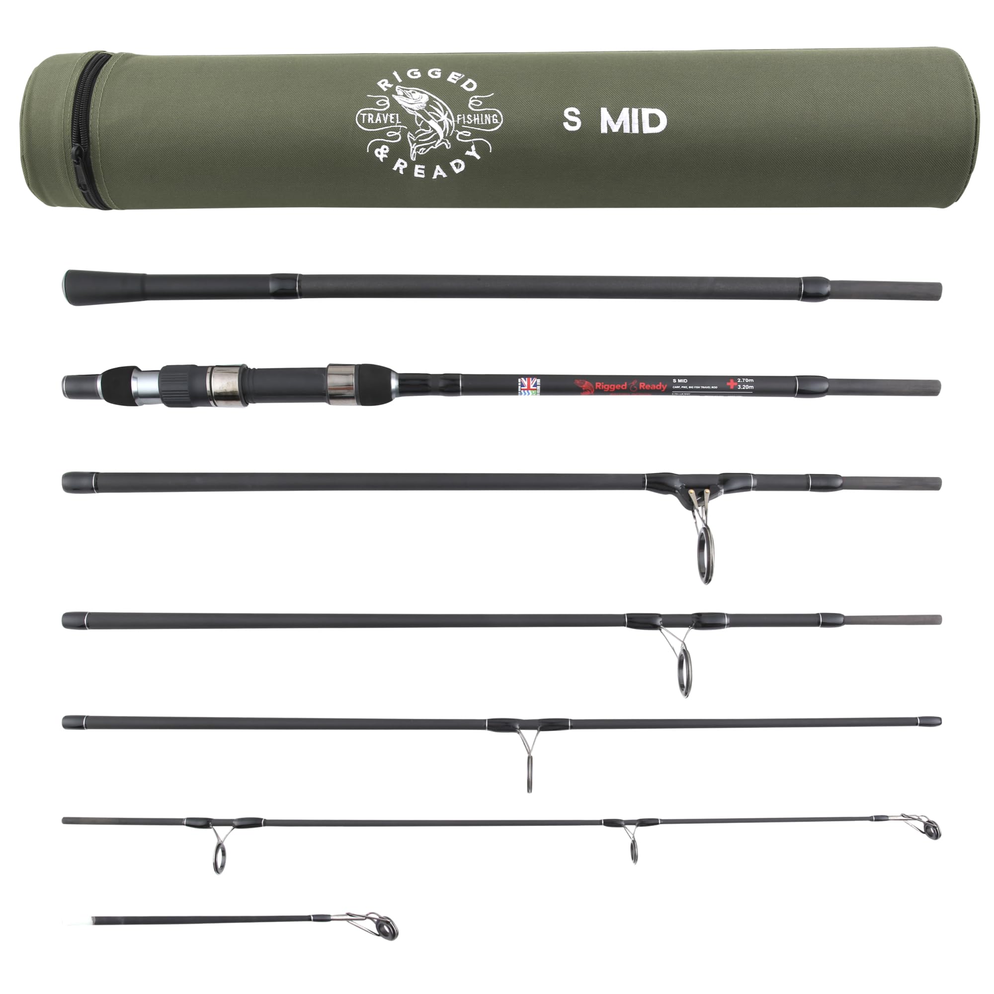 Rigged and Ready S Series Travel Fishing Rods. 2 Powerful Big Fish Predator-Carp-Surf Rods + 1 Combo + 2 Tips/cast Weights + Case. Travelling Angling in Fresh and Saltwater Fist to 15kg (33lb)