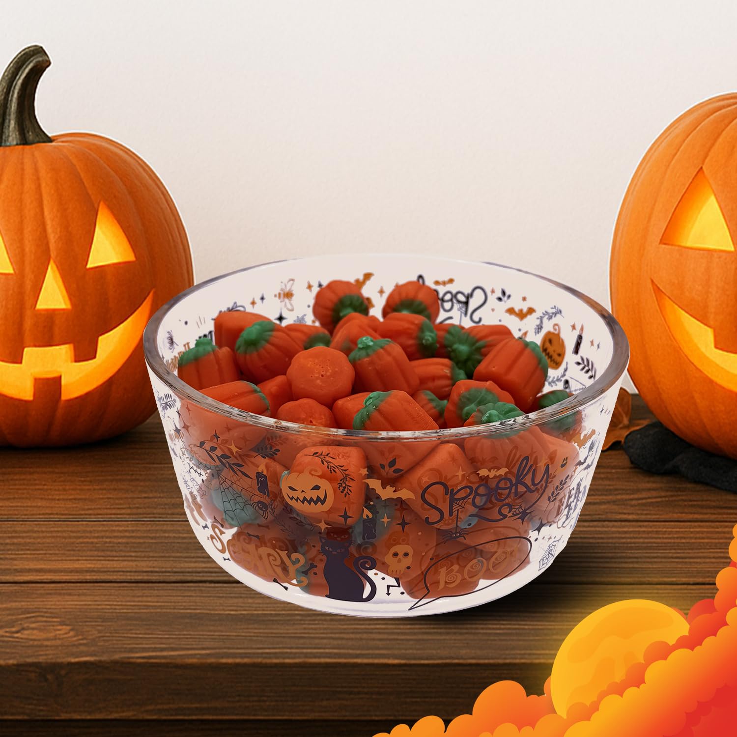 Recipientes de almacenamiento de vidrio para Halloween con tapas, juego de 4 (2 recipientes + 2 tapas), 4 tazas (32 onzas), diseño espeluznante, sin BPA, aptos para microondas y lavavajillas,