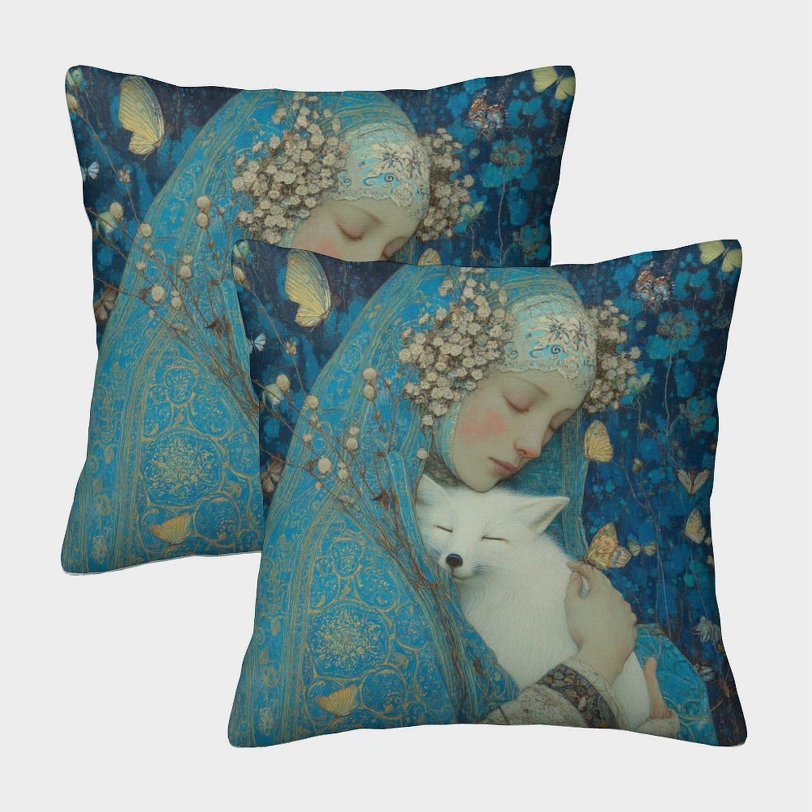 kaiyun 2 Pack White Fox And Indian Woman, Religious Painting Pillow Case Home Decoration Sofa Cushion Cover 45x45cm