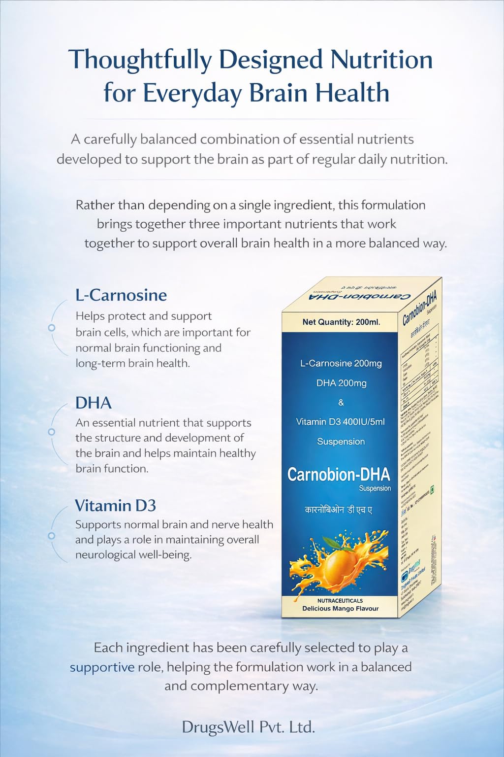 Carnobion-DHA Suspension | DHA 200mg (Omega-3) + L-Carnosine 200mg + Vitamin D3 400IU | Brain Health & Memory Support Syrup | Delicious Mango Flavour | 200ml | DrugsWell — Amazon image 3