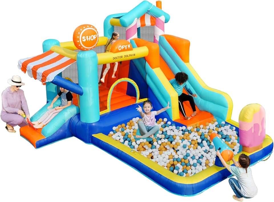 Doctor Dolphin Castelo Inflável Inflável Com Escorregador E Soprador Para Crianças, Escorregador Duplo, Castelo Inflável Inflável Com Piscina De Bolinhas Para Ambientes Internos E Externos