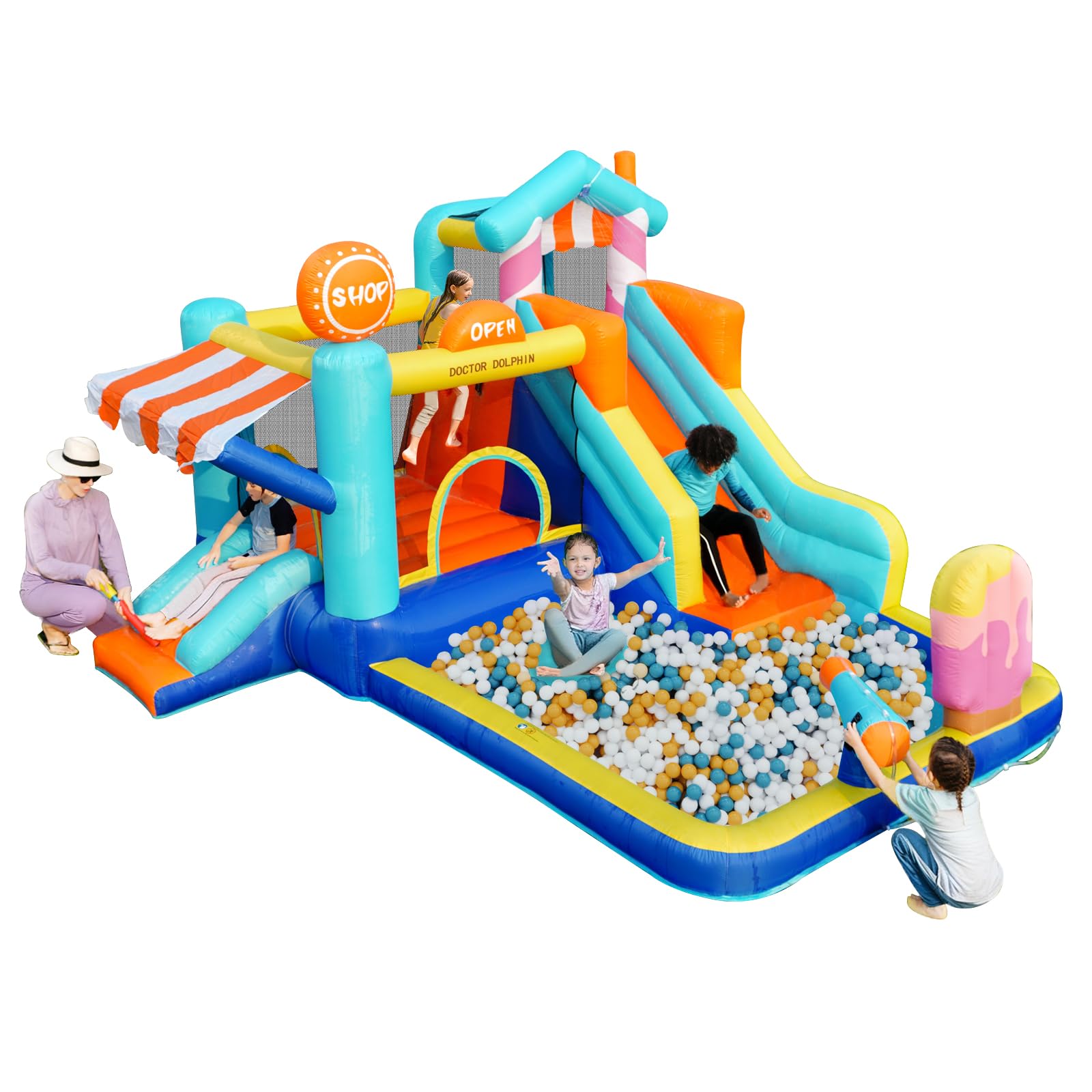 Doctor Dolphin Inflatable Bounce House with Slide and Blower for Kids, Double Slide Jumping Inflatable Bouncer Blow Up Bouncy Castle with Ball Pit for Indoors and Outdoors
