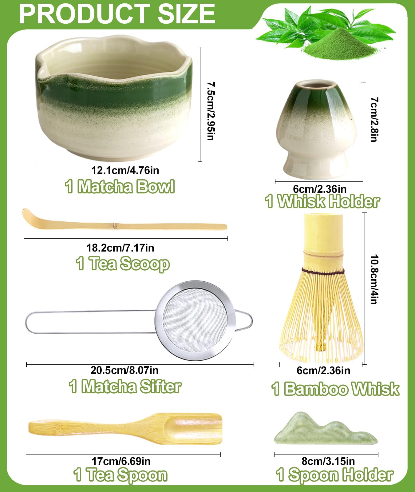 JBER Matcha Set, Matcha Whisk Set 7 Pcs, Bamboo Matcha Whisk, Ceramic Bowl with Spout & Whisk Holder, Sifter - Image 2
