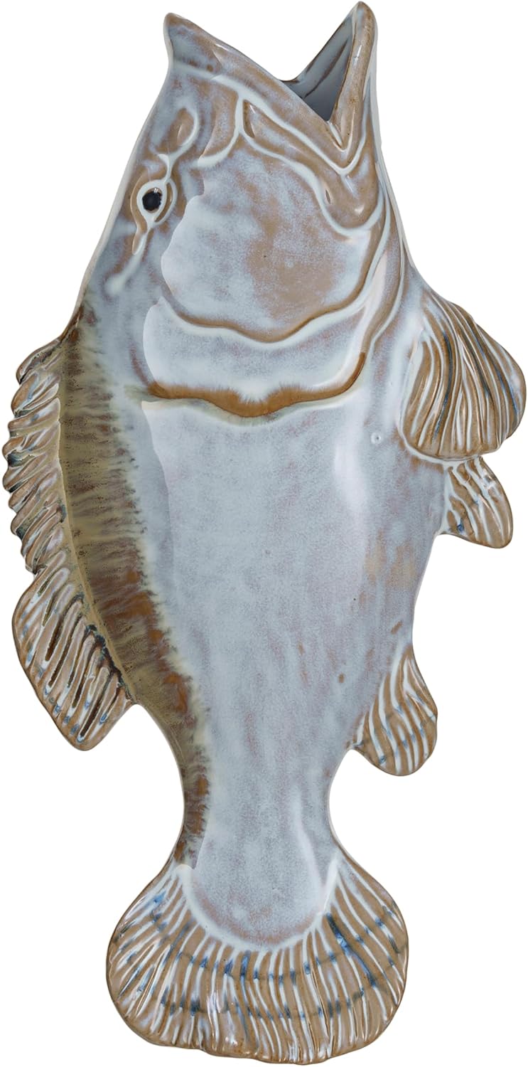 White and Tan Ceramic Fish Shaped Wall Vase