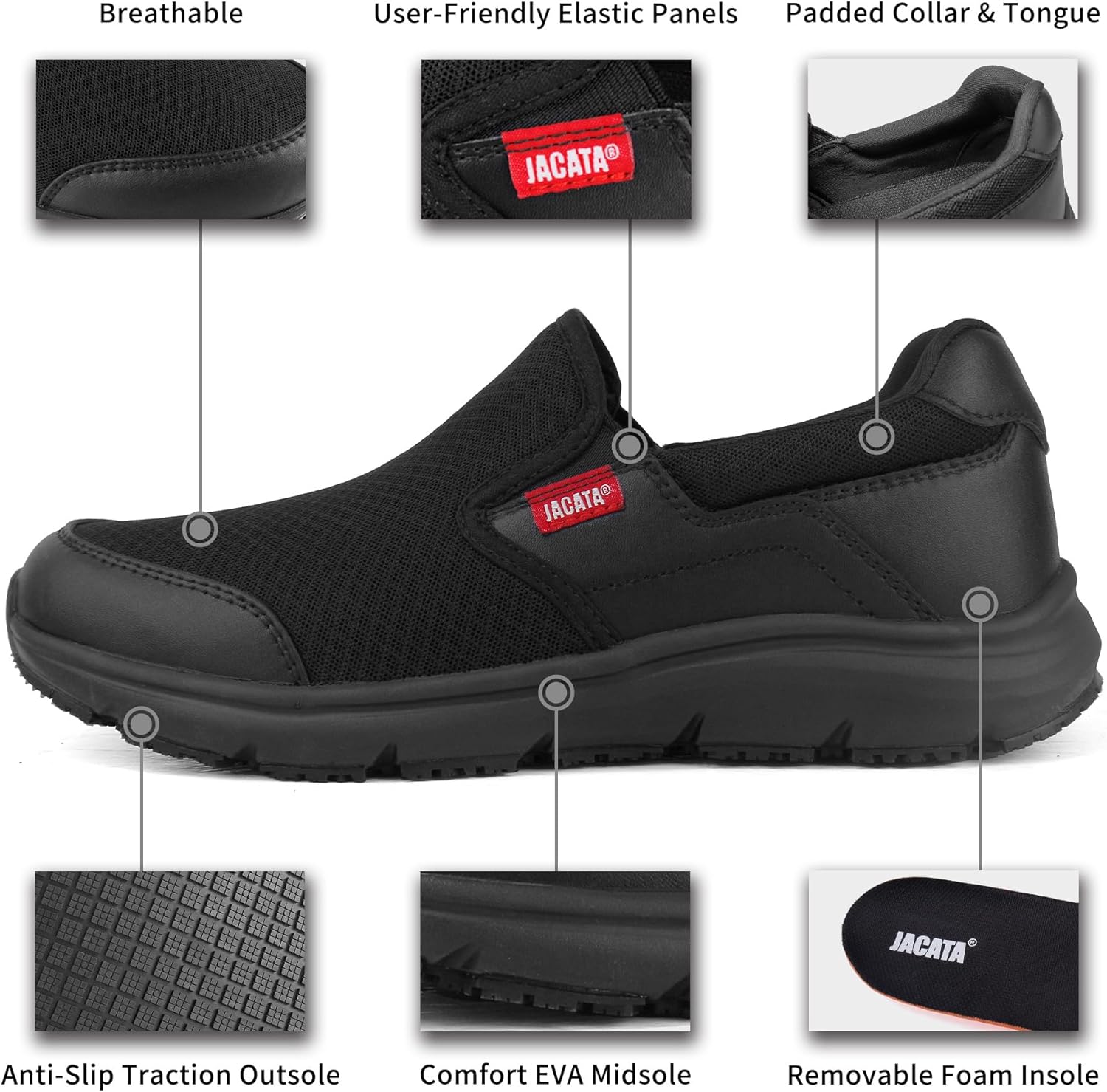 Jacata Non Slip Black Work Shoes for Women Food Service Womens Water Slip Resistant Leather Slip on Chef Walking Shoes for Restaurant Kitchen Sneakers - Image 2