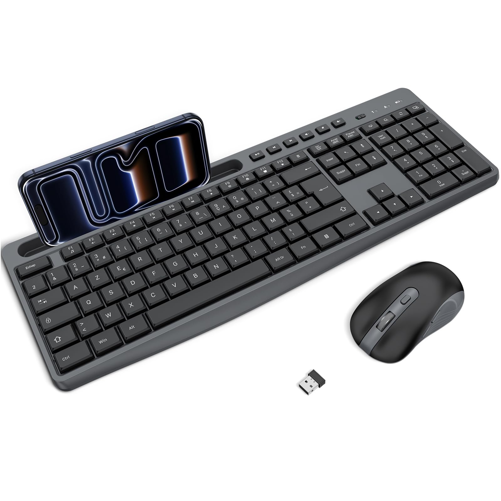 Ensemble Clavier et Souris sans Fil OMOTON, 2,4 GHz AZERTY, Noir-Gris | Support pour téléphone intégré, Silencieux, Ergonomique, 3 DPI, Voyant d'alimentation, pour Windows/Linux/PC, Bureau, études