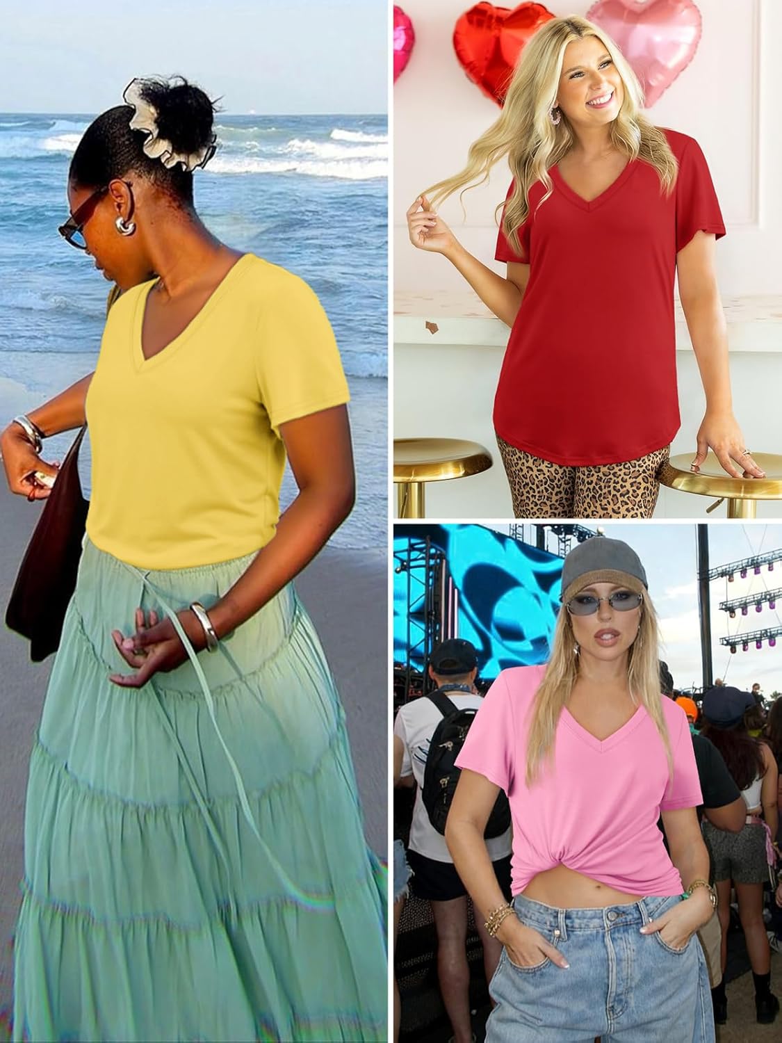 ATHMILE Womens V Neck Short Sleeve Summer T Shirts Curved Hem Plain Top Beach - Image 6