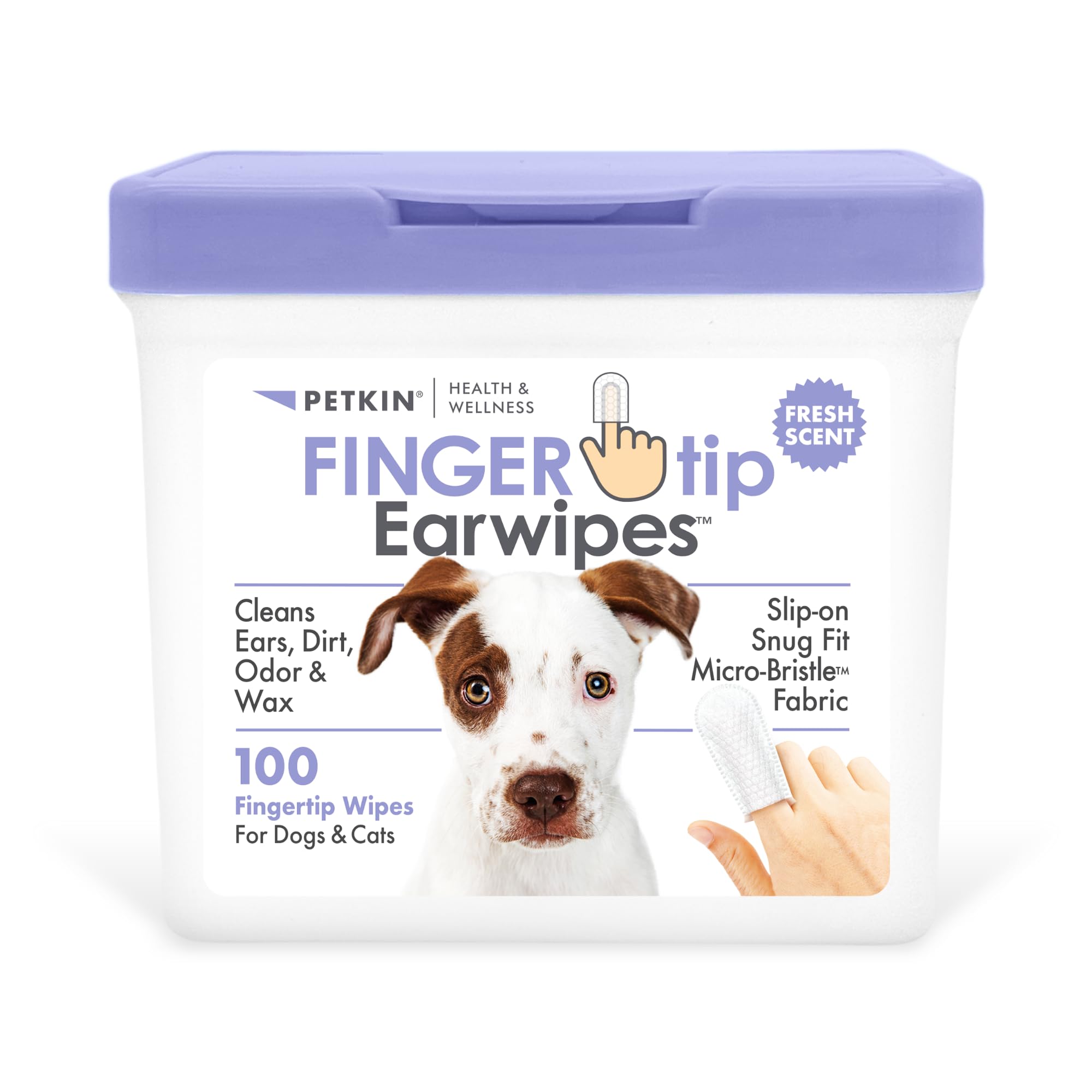 Petkin Fingertip Ear Wipes for Dogs and Cats, 100 Finger Wipes - Slip-On, Snug Fit, Micro-Bristle Fabric - Cleans Ears, Dirt, Odor and Wax -