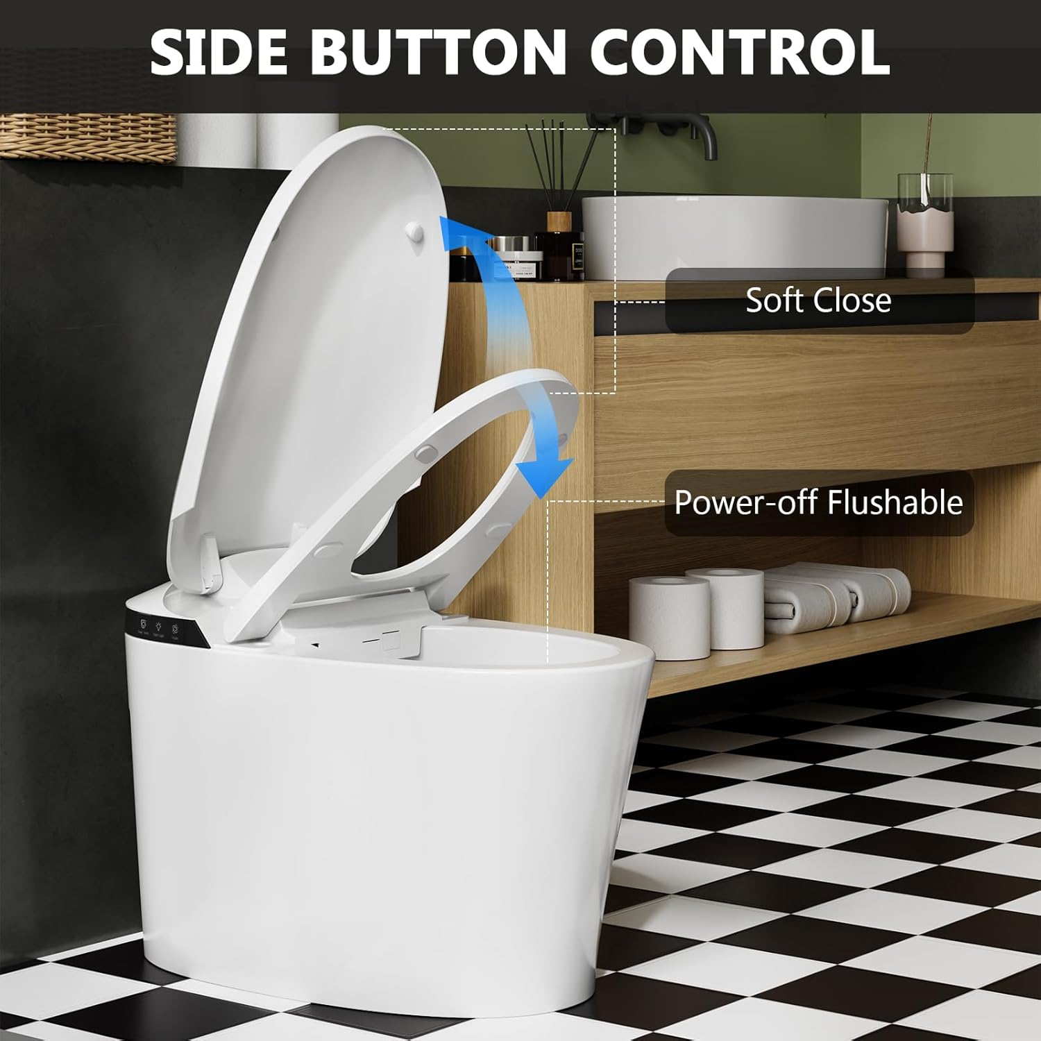 Side Button Controls and Soft Close Lid