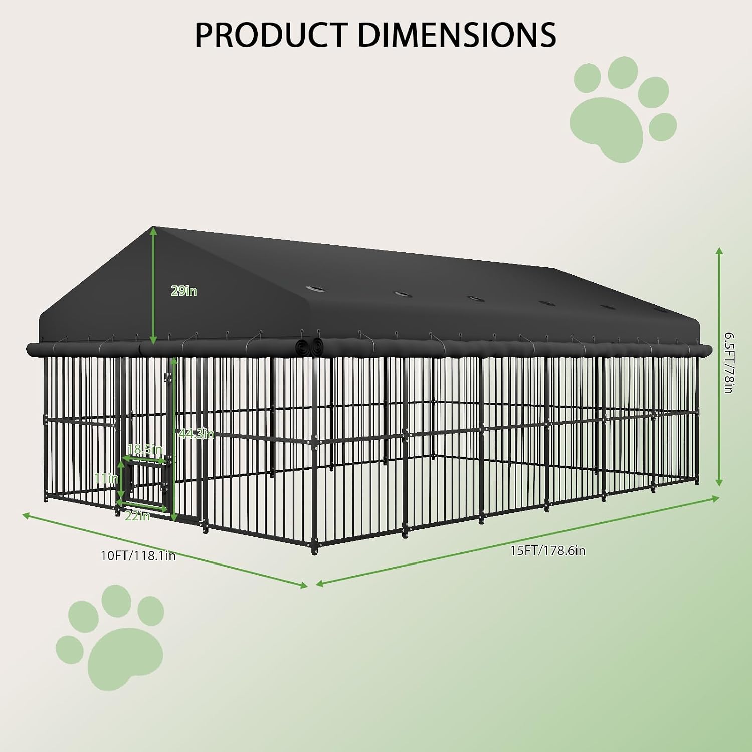10x15x6 FT Large Outdoor Dog Kennel, Heavy-Duty Metal Dog Cage with Swivel Door and Full-Cover Waterproof Oxford Cloth Enclosure, Weatherproof Shelter for Medium & Large Dogs