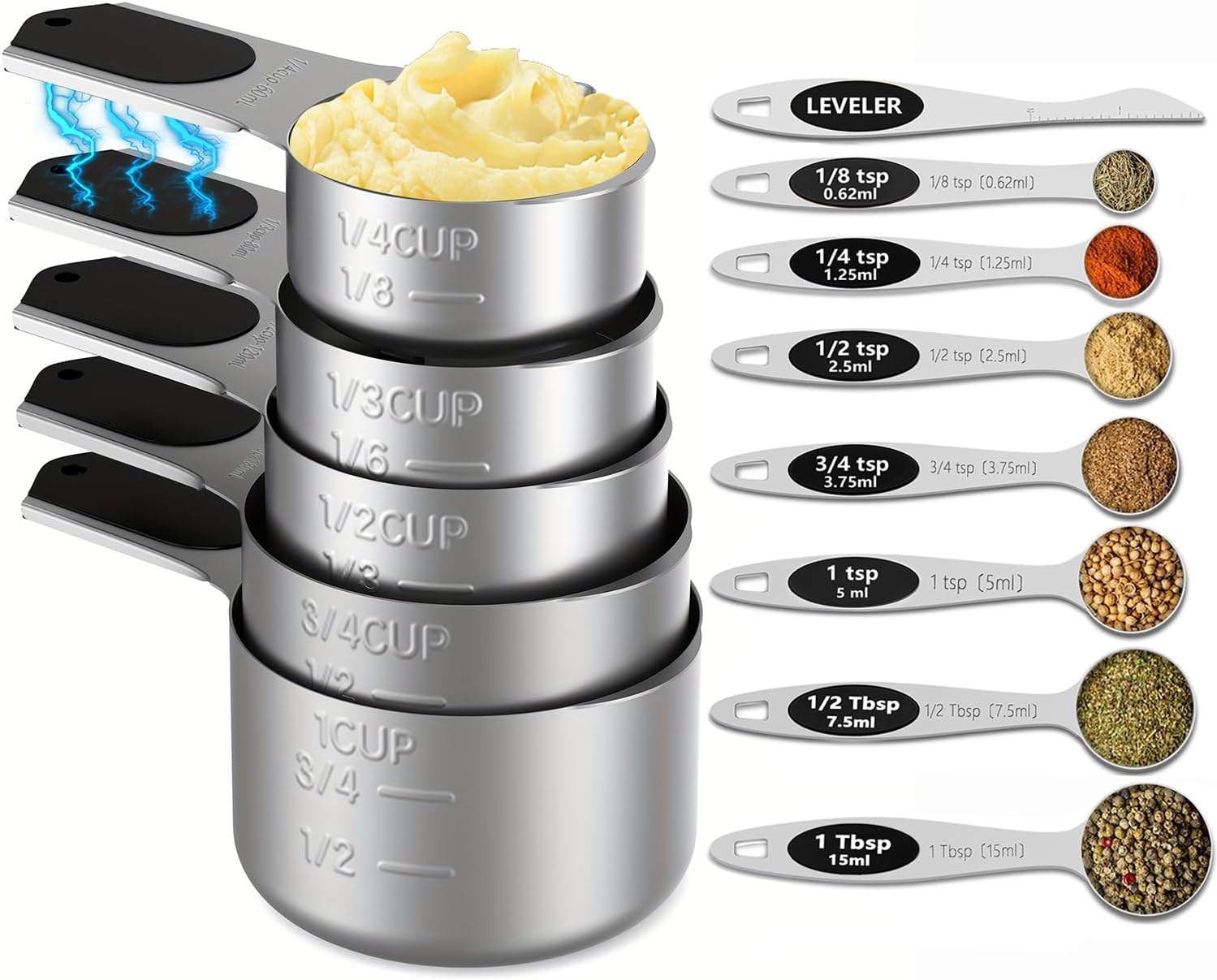 Magnetic Measuring cups and spoons Set, 304 Stainless Steel 5 Magnetic Measuring Cup and 8 Double Sided Measuring Spoons with 1 Leveler，Kitchen Gadgets for Cooking & Baking