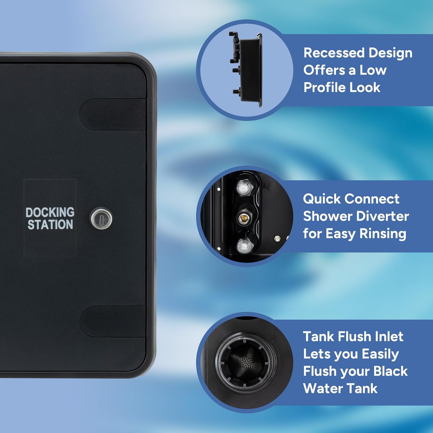 RecPro RV Docking Station | Recessed Water & Utility Panel with Quick Connect Shower (Docking Station with Quick Disconnect Shower, City Water/Tank Fill, 2X Coax)