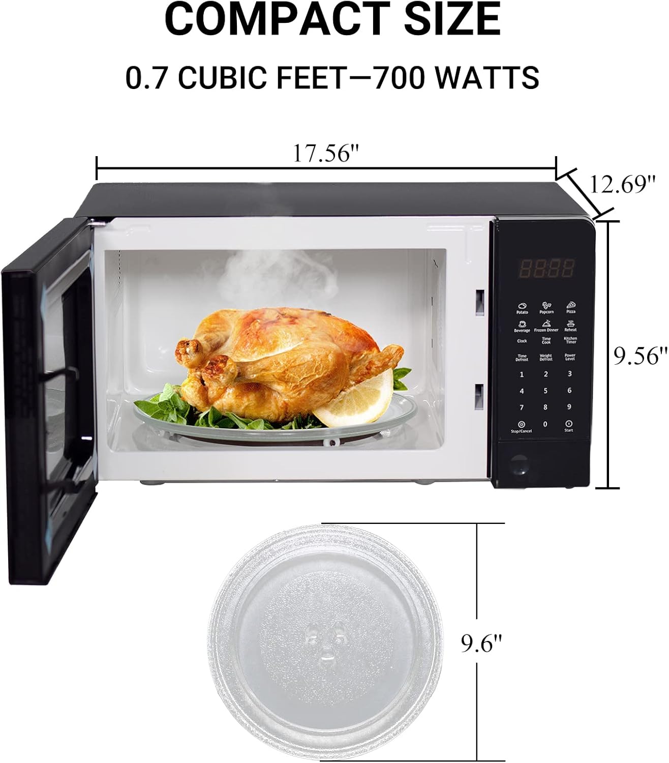 Smad Small Microwave Oven 0.7 Cu.Ft, Mini Microwave Oven with 9.6'' Removable Turntable, 6 Auto Preset Menus, Child Lock, Easy Clean Interior, Black, 700W