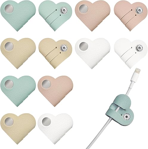 Paquete de 12 organizadores de cables de datos en forma de corazón, portátil, de piel sintética, protector de cable para auriculares con hebilla a