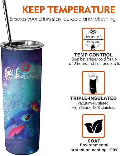 Miniatura 6 de Stitch - Vaso de acero inoxidable de 20 onzas con aislamiento al vacío de doble pared con tapa y pajilla taza de viaje para hielo y bebidas calientes