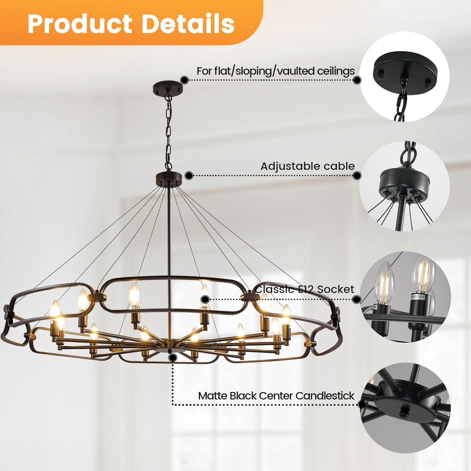 52.8" Industrial Style Black Chandelier, 8-Light Modern Chandeliers for Dining Room, Round kitchen Island Light Fixtures, Farmhouse Foyer Lighting Fixtures, for Living Room, Bedroom, Foyer, Entryway