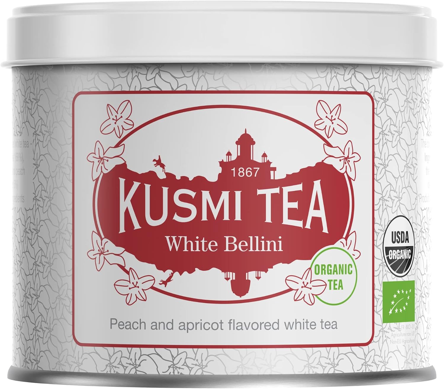 Kusmi Tea - White Bellini - organiczna biała herbata - biała herbata o smaku brzoskwini i moreli - do picia na gorąco lub jako herbata mrożona - Metalowa puszka 90 g - ilość na około 50 filiżanek