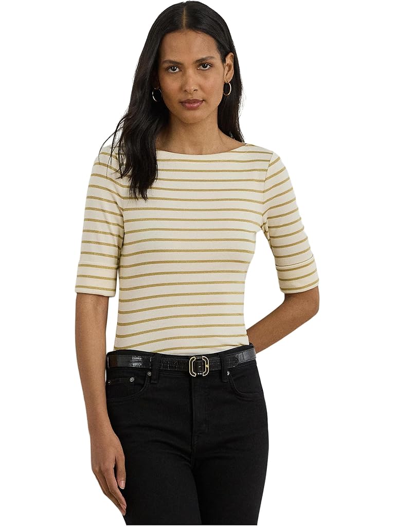 White Lauren Ralph Lauren Metallic Striped Boatneck Tee