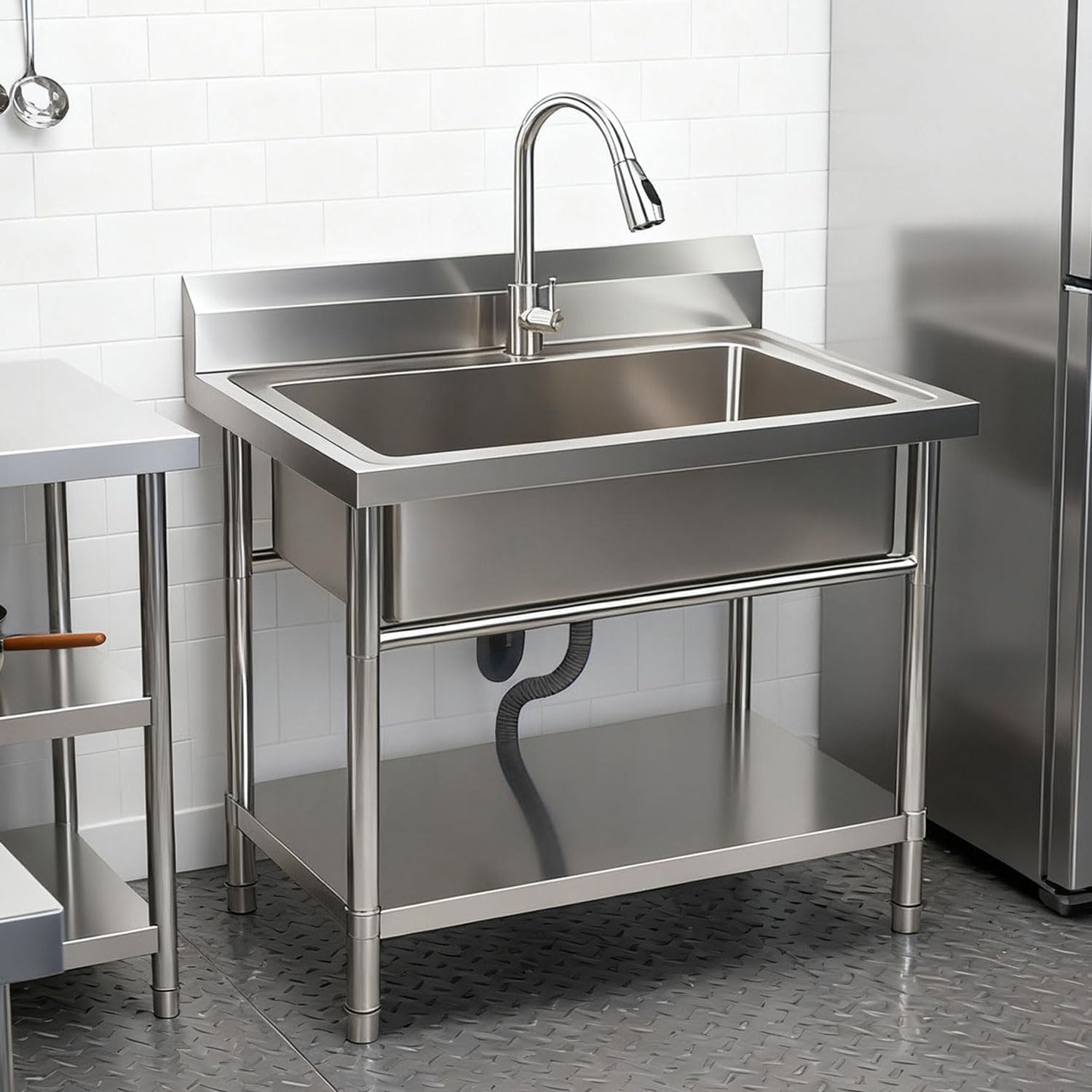 Stainless Steel Large Utility Sink Single Bowl, Freestanding Laundry Sink with Pull-Out Faucet, Utility Sink for Laundry Room, Garage, Kitchen, Outdoor/Indoor Use, 39.3" × 23.6" × 31.5"