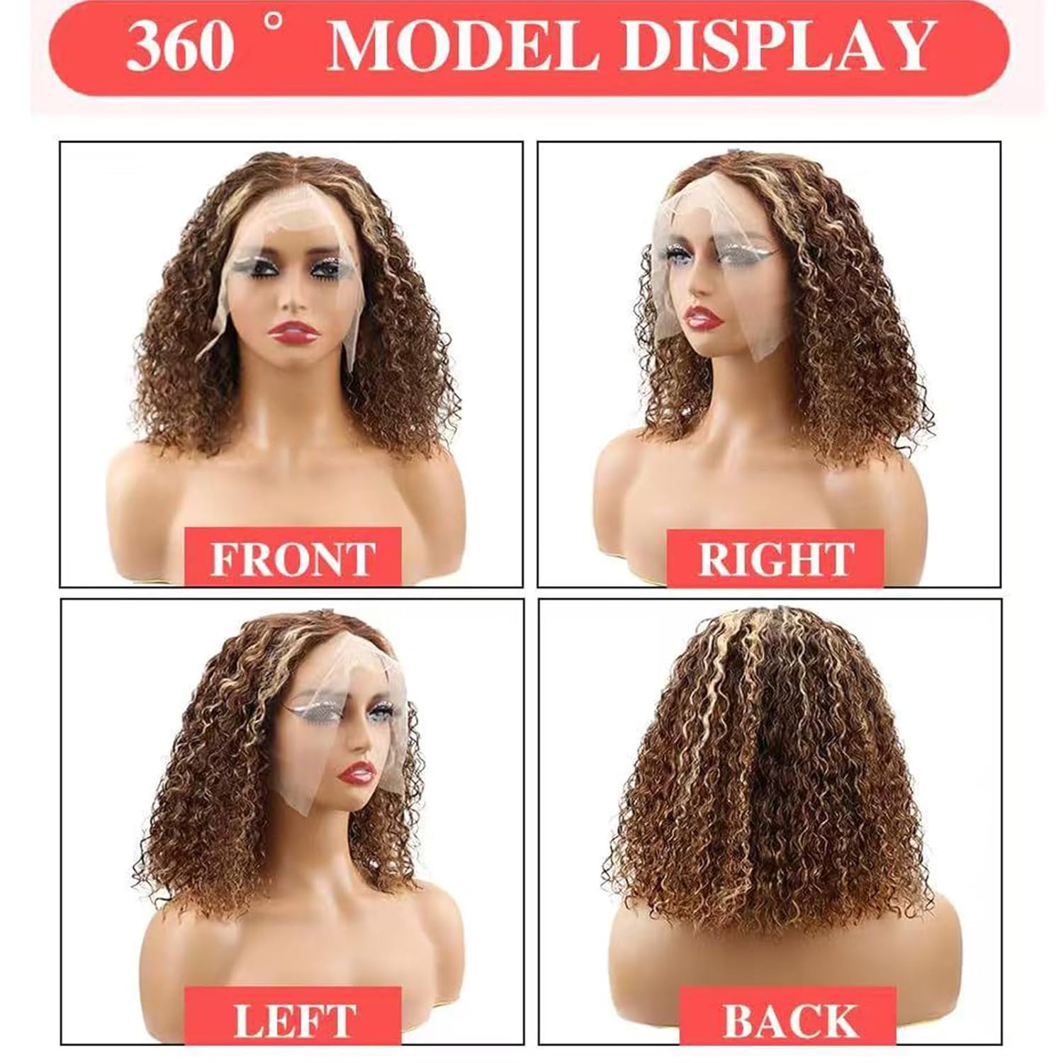 #4/27 Highlight Curly BOB Wig Human Hair 13x4 HD Lace Front Wigs Pre Plucked Deep Wave Human Hair Colored Wigs Human Hair Bob Wig for Black Women 250 Density wigs (Brown, 12inch)