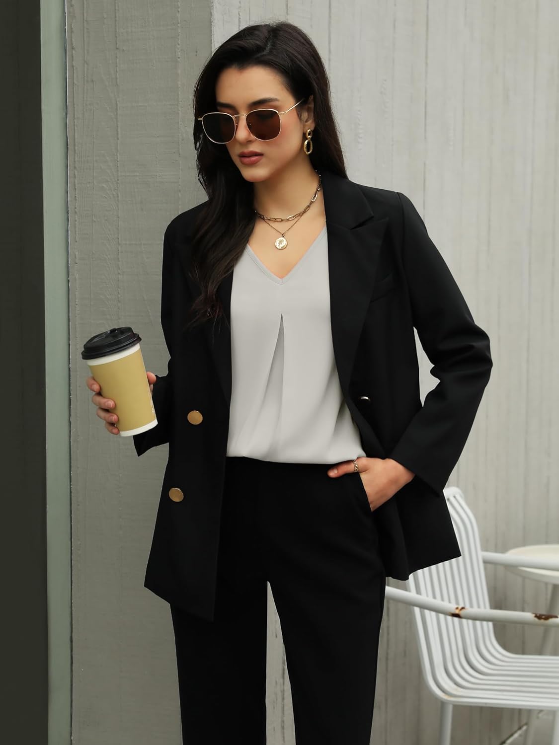 Funlingo Womens 3/4 Length Sleeve Tops Dressy Casual V Neck Business Chiffon Blouses Pleated Trendy Work Shirts - Image 4