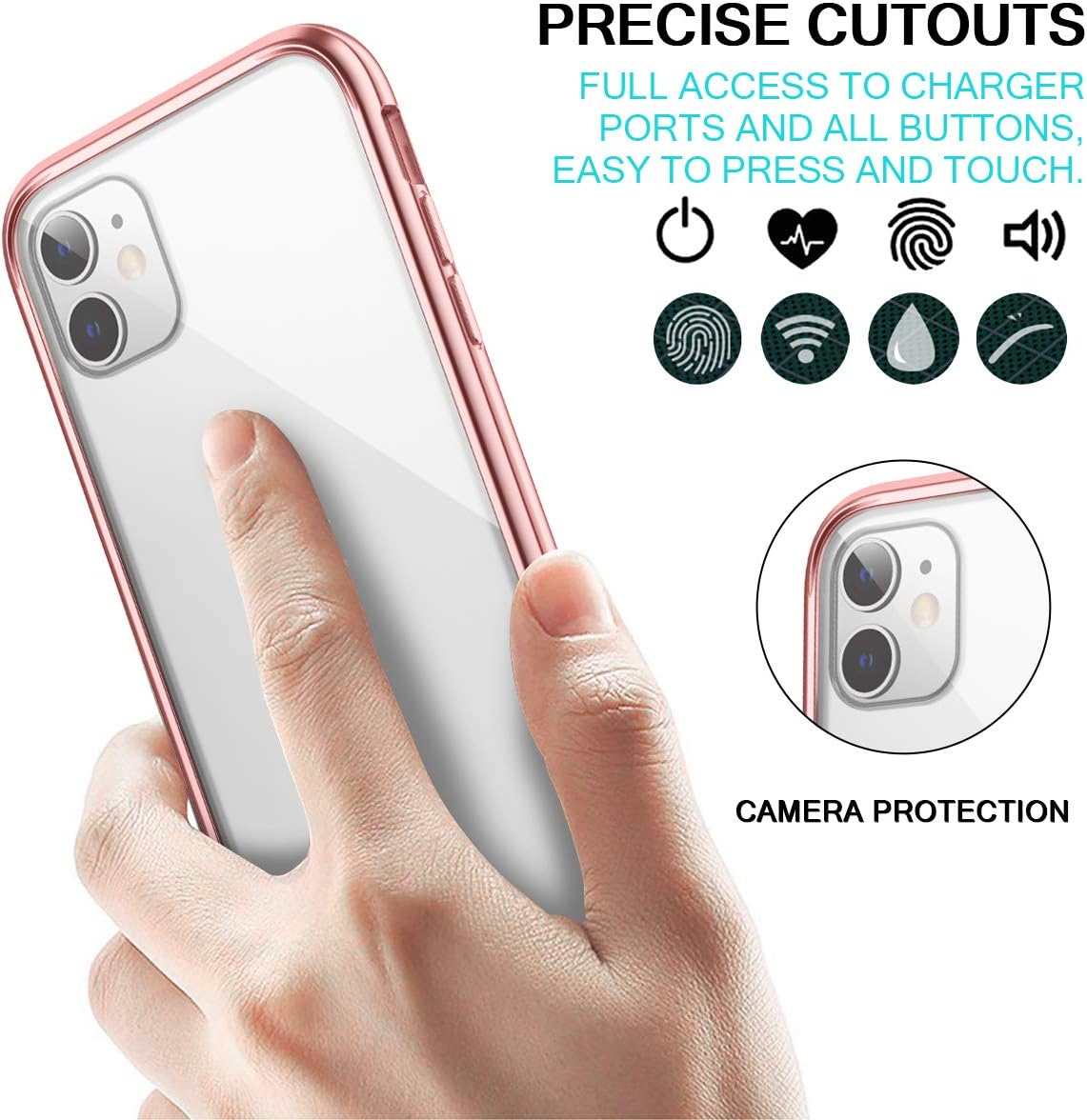 SURITCH Clear Case for iPhone 11, [Built in Screen Protector][9H Tempered Glass Back][Metallic Electroplated] Shockproof Hard Full Body Protection Silicone Bumper Cover for iPhone 11 6.1"(Rose Gold)