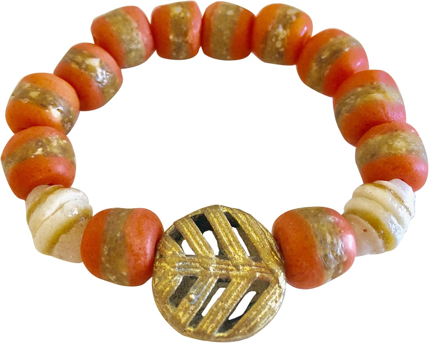 Tangerine Orange Krobo Bead Bracelet, African Kente Beads, Ghana Fair Trade, Handmade Glass, Rustic, Tribal, Ethnic, Boho, Stretch Bracelet.
