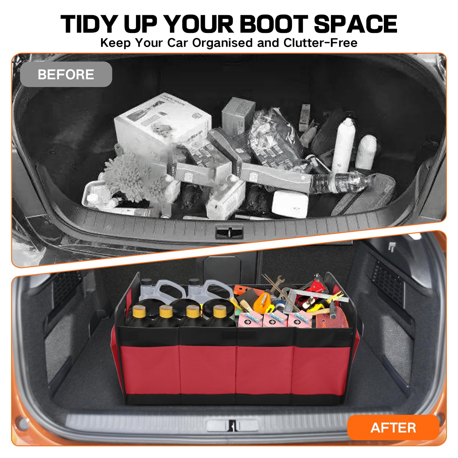 Organizador de Maletero Coche,Bolsa Plegable Reforzada y Estable con Bolsillo de Red,Caja Antideslizante, Impermeable y Versátil para Almacenaje Interior – Negro (Rojo)