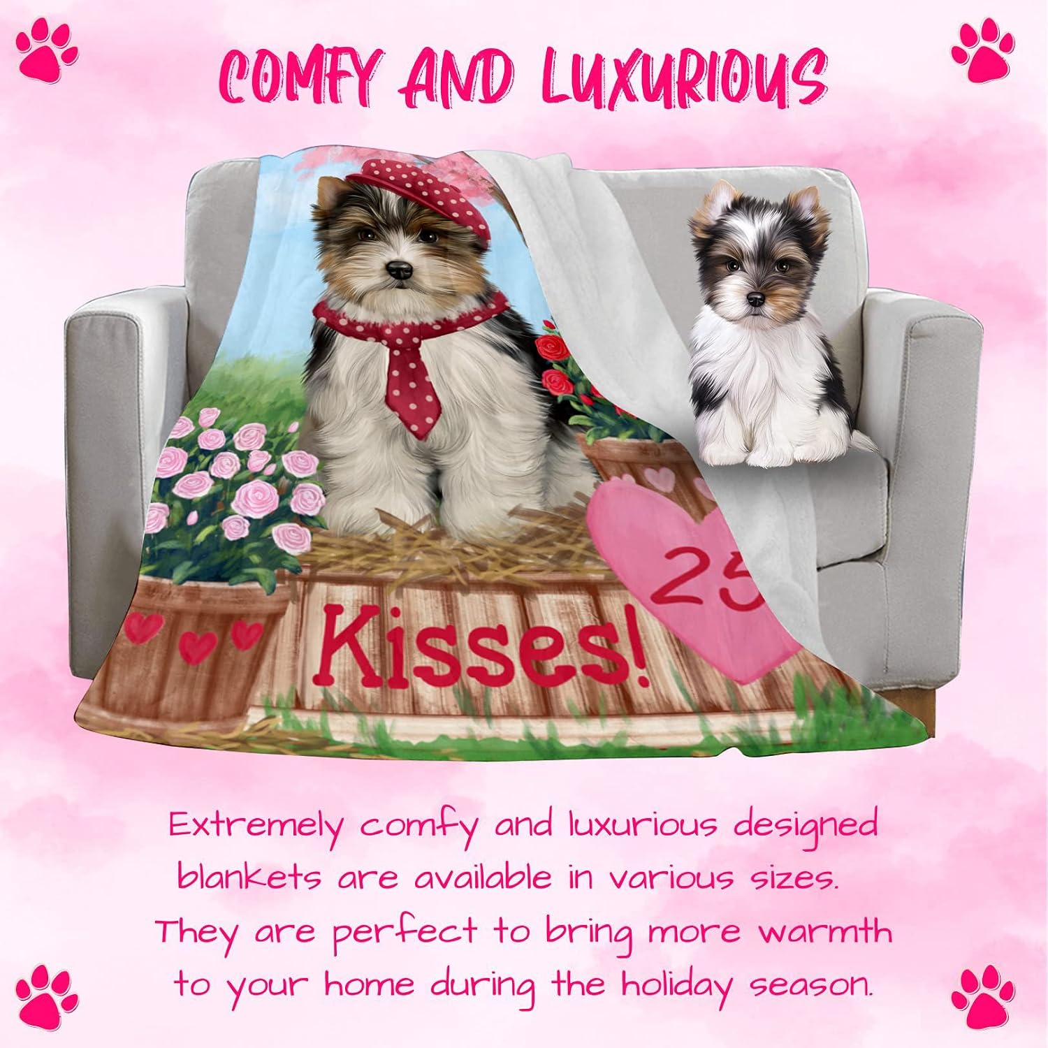 Rosie 25 Cent Kisses Biewer Dog Blanket - Lightweight Soft Cozy and Durable Bed Blanket - Animal Theme Fuzzy Blanket for Sofa Couch BLNKT60721 (30x40 Fleece)