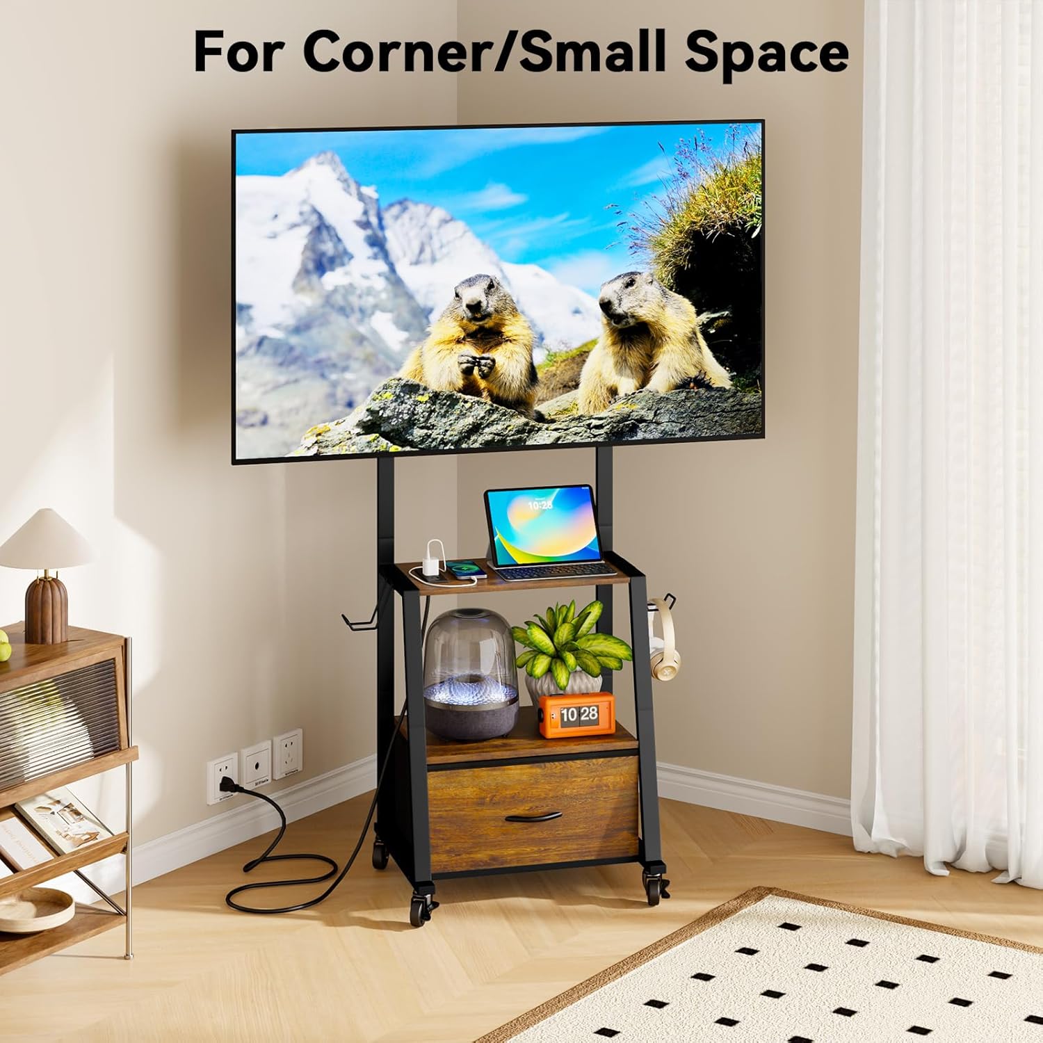 Rolling TV Stand on Wheels with Mount & Fabric Storage Drawer, Entertainment Center with Power Outlet, Portable TV Stand for 32-55 Inch Flat/Curved Screen TVs, Mobile TV Cart for Bedroom - V2