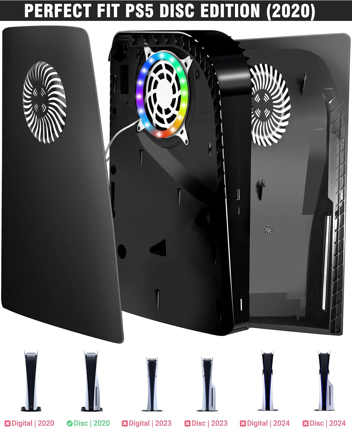 Joso Faceplate for PS5 Disc Edition, Anti-Scratch Dustproof Case Replacement with RGB Ring, Cover Skin Fit for PS5 Console (CD-ROM), Plates for PS5 Accessories, Black