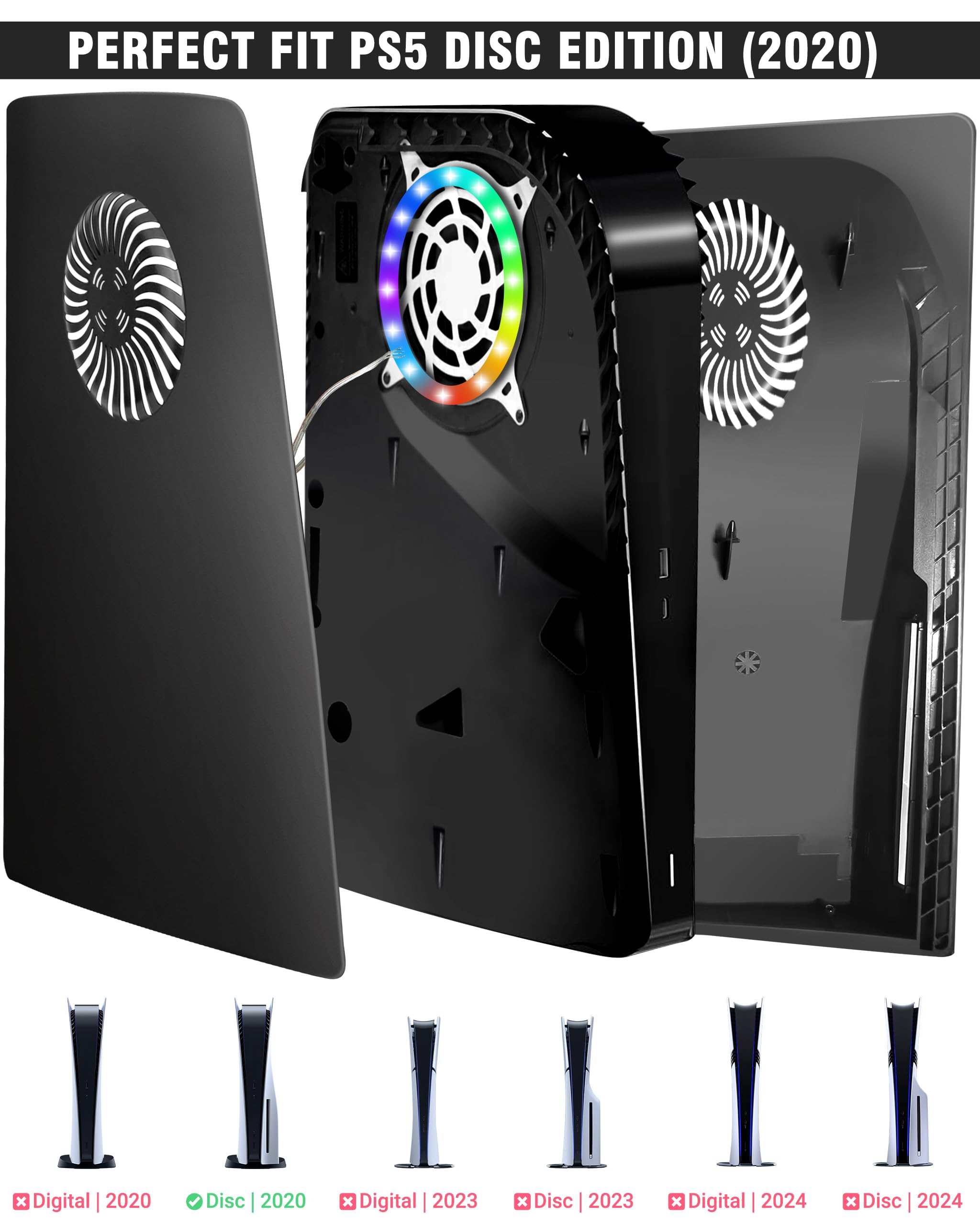 Joso Faceplate Shell Cover mit RGB-LED-Lichtstreifen für PS5 Disc Edition, ABS Anti-Scratch staubdicht Ersatz Faceplate Shell Case mit Lüfterschlitzen, Musik-Sync mit 8 Farben 400 + Lichteffekte