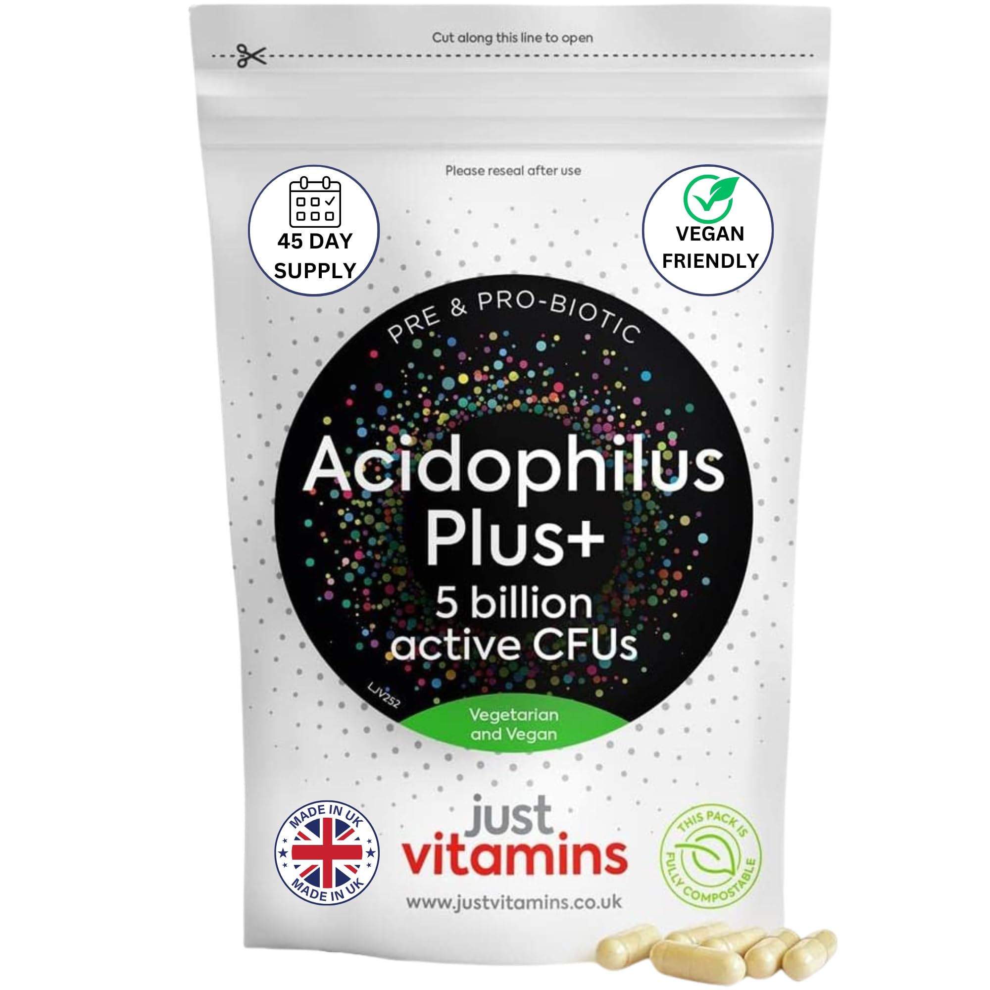 Acidophilus Plus Pre & Probiotic Complex | 5 Billion Non-Dairy CFU | 90 Vegan Capsules | High Strength Digestive & Gut Support Supplement | UK Made - Just Vitamins