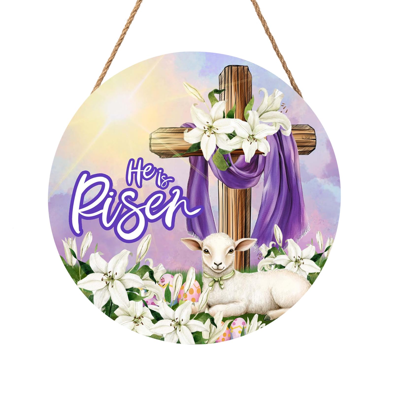 He is Risen Easter Religious Cross Sign for Front Door 12"x12" Spring Sunrise Lamb Door Hanger for Outdoor Outside Porch Christian Lily Flowers Wooden Wreath Easter Wall Hanging Decoration for House