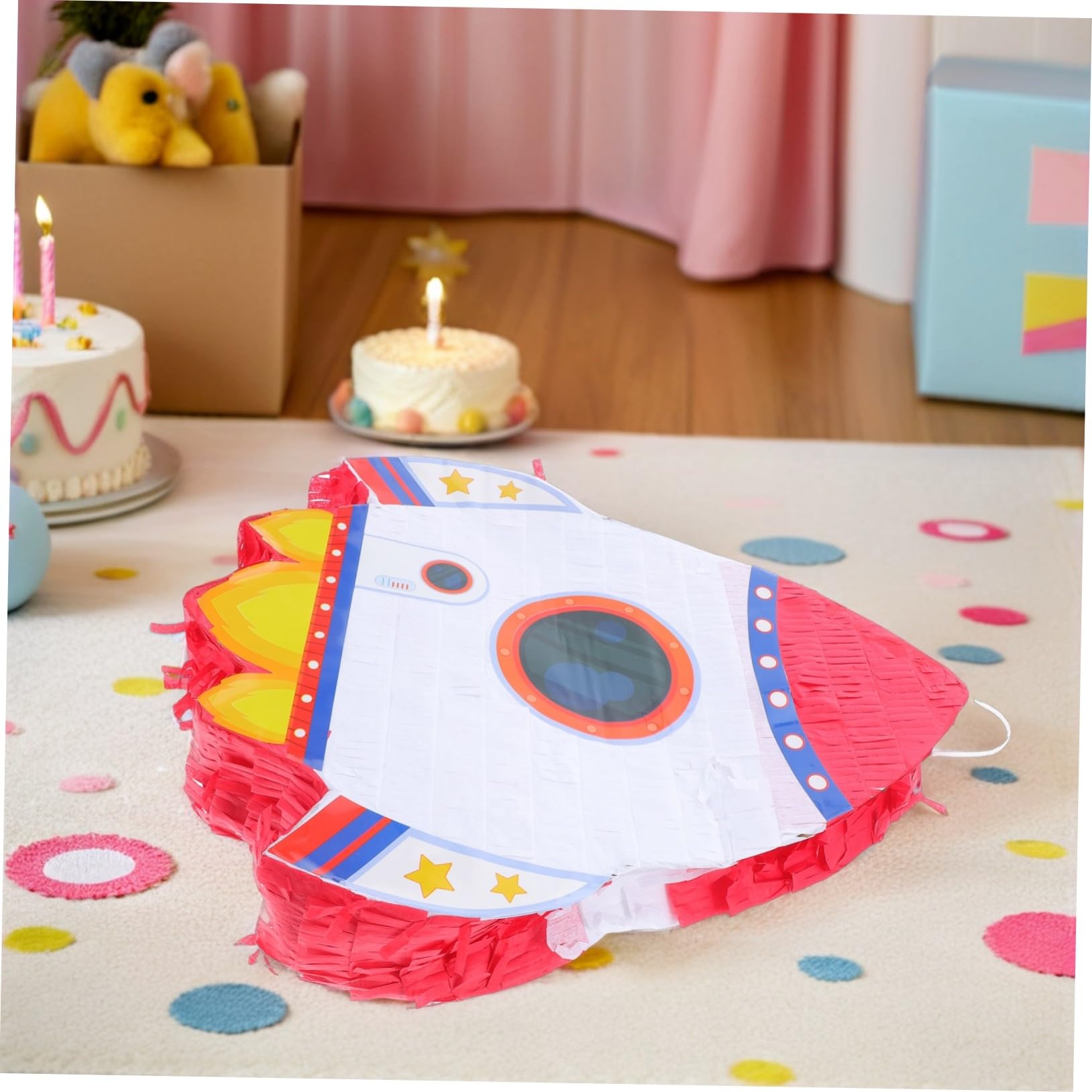 Piñata Cohete Infantil para Fiestas y Shower Decoración Temática Espacial con Varilla para Interactivo Colgante Resistente de Cartón con Papel Crepé para Cumpleaños y Eventos