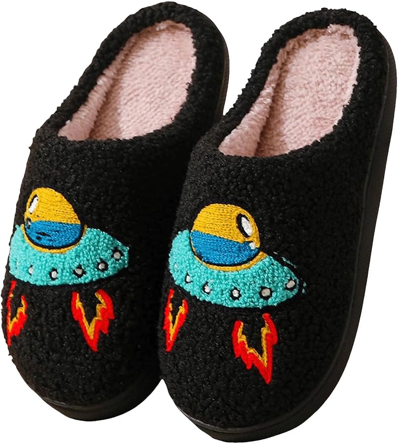 Alien Slippers Adults Cute Fuzzy Plush Indoor House Shoes Warm Winter Cozy Soft Bedroom Footwear with Non Slip Sole for Women Men