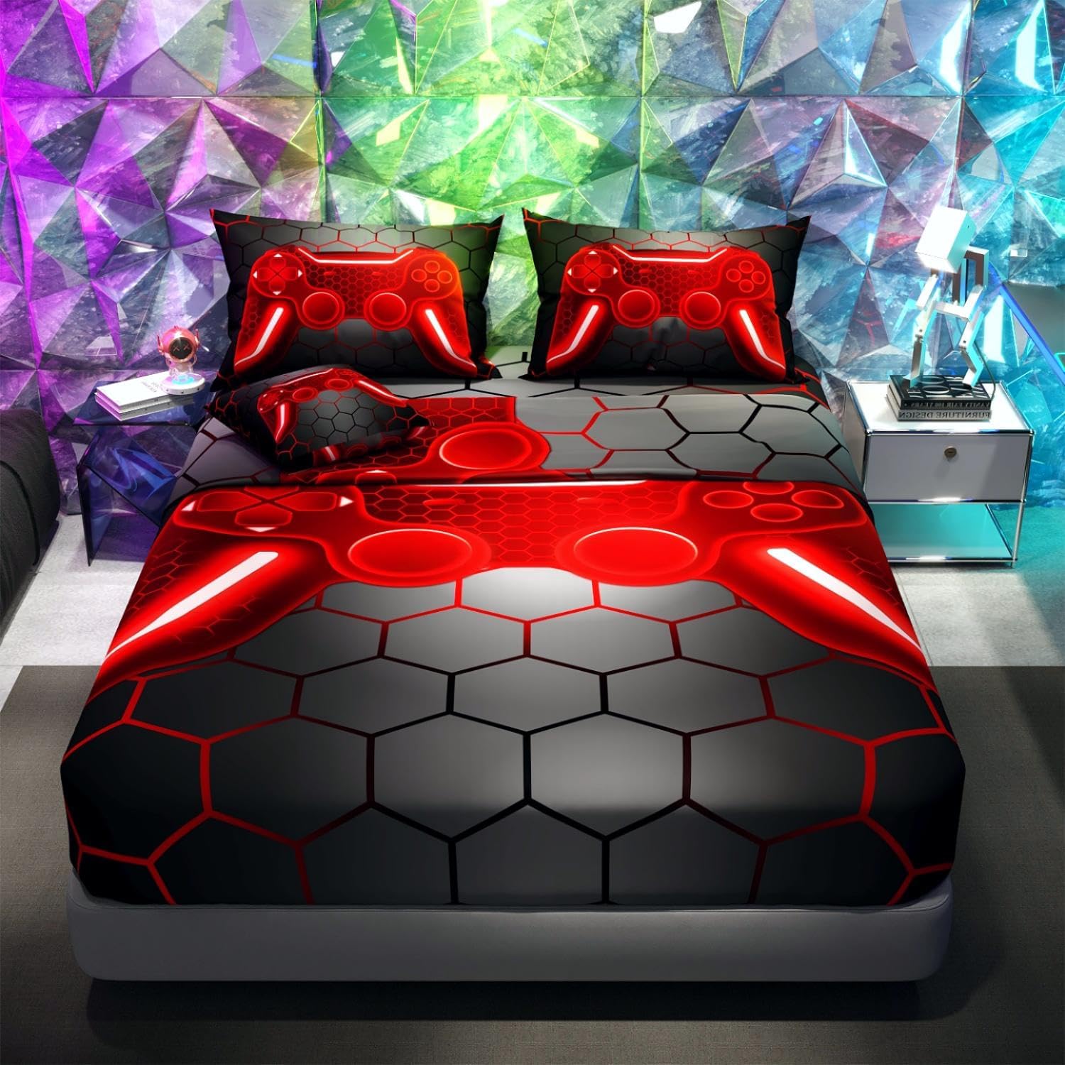 Namoxpa6 Pieces Gamer Comforter Sets for Boys Kids,3D red Pattern,Decorative 6 Piece Bedding Sets with Comforter,Flat Sheet,Fitted Sheet,Throw Pillow Cover,Pillow Shams,Twin Size